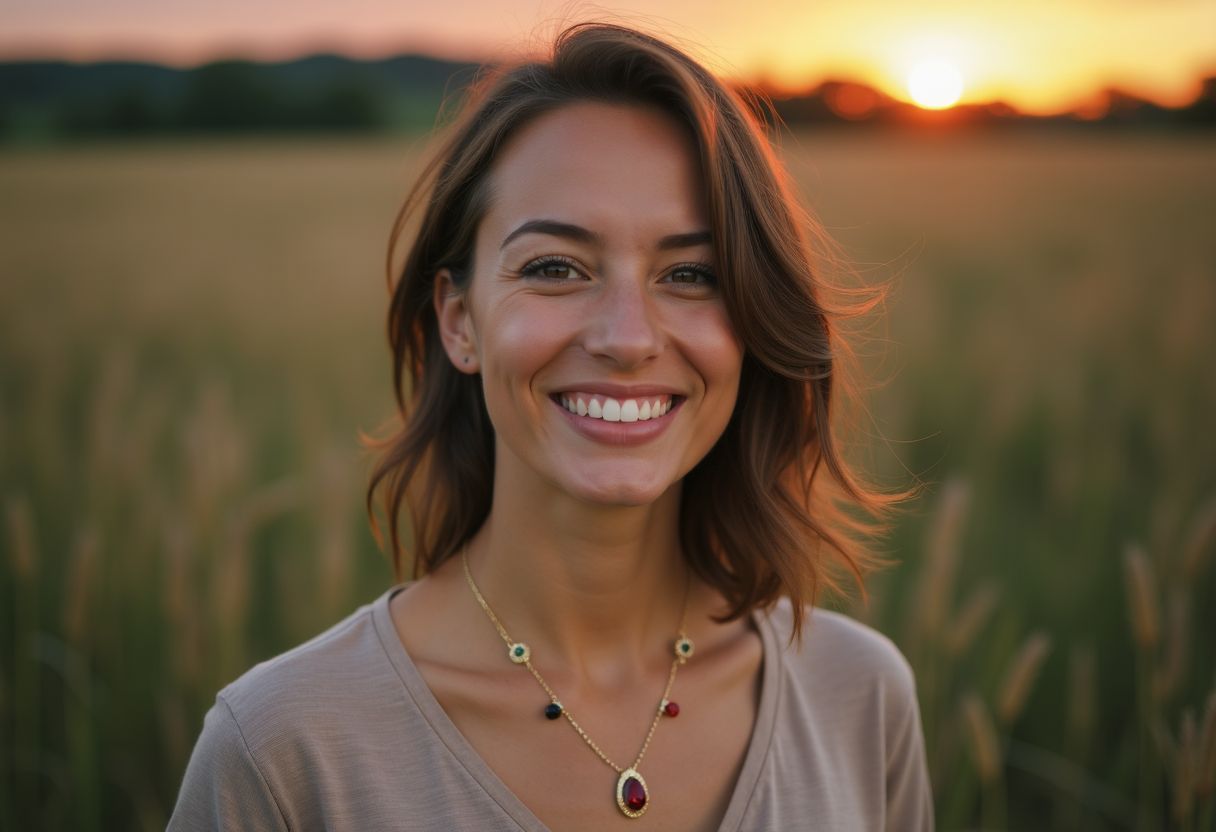 A woman in her thirties wearing a birthstone necklace with a warm smile.