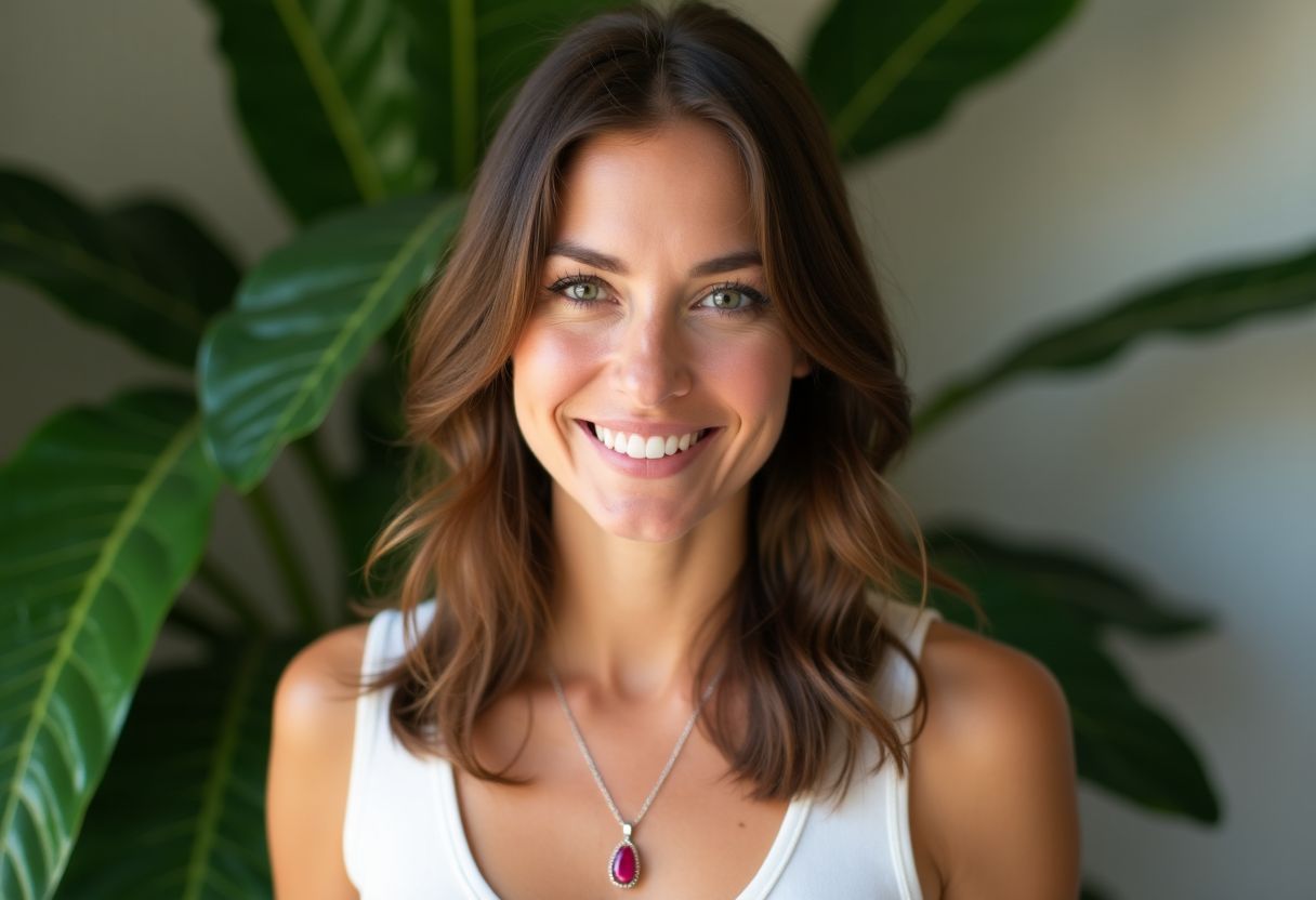 A casual, mid-30s woman wearing a Ruby pendant in a natural setting. A casual, mid-30s woman wearing a Ruby pendant in a natural setting.