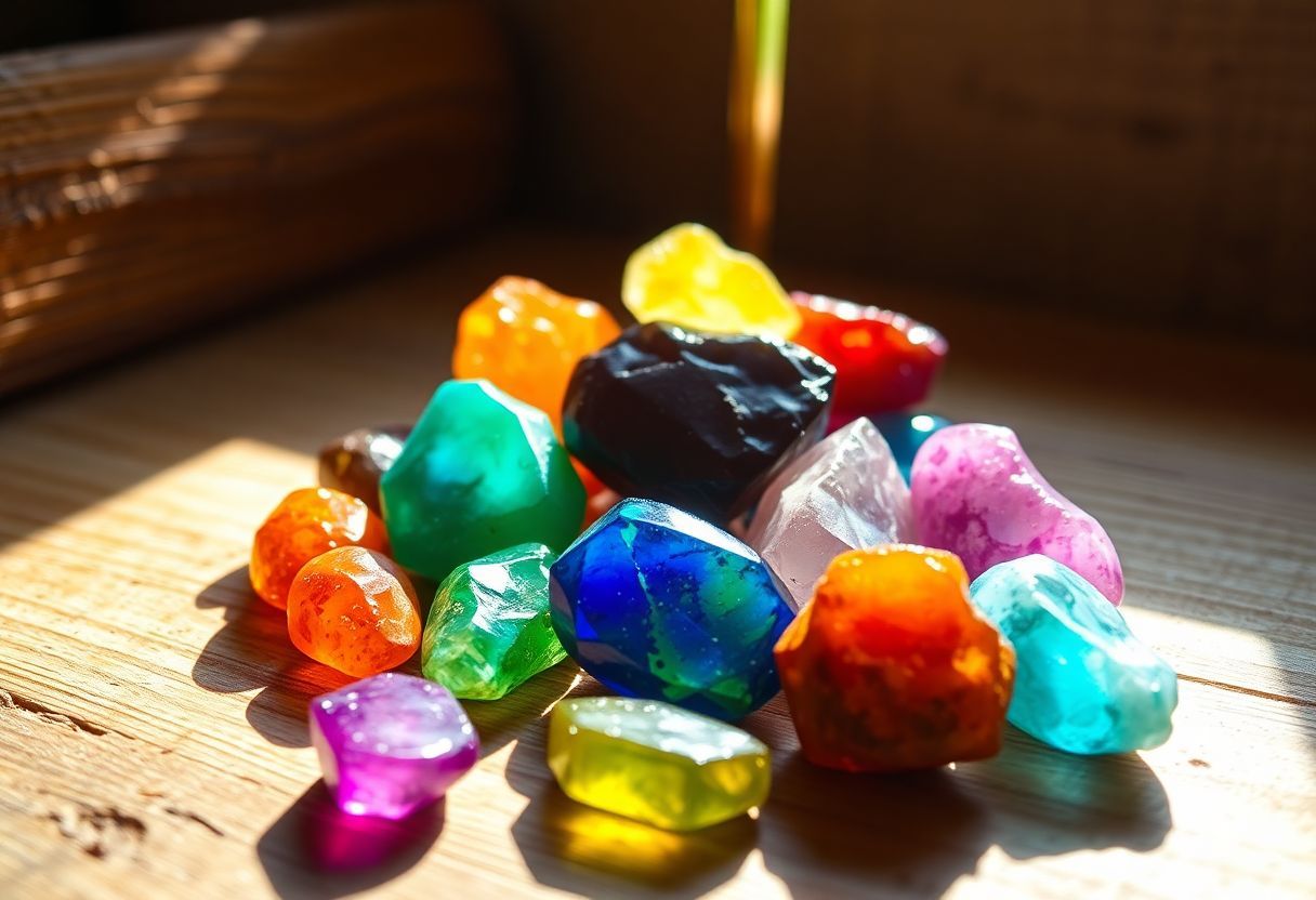 A collection of colorful Leo birthstones in rustic setting.