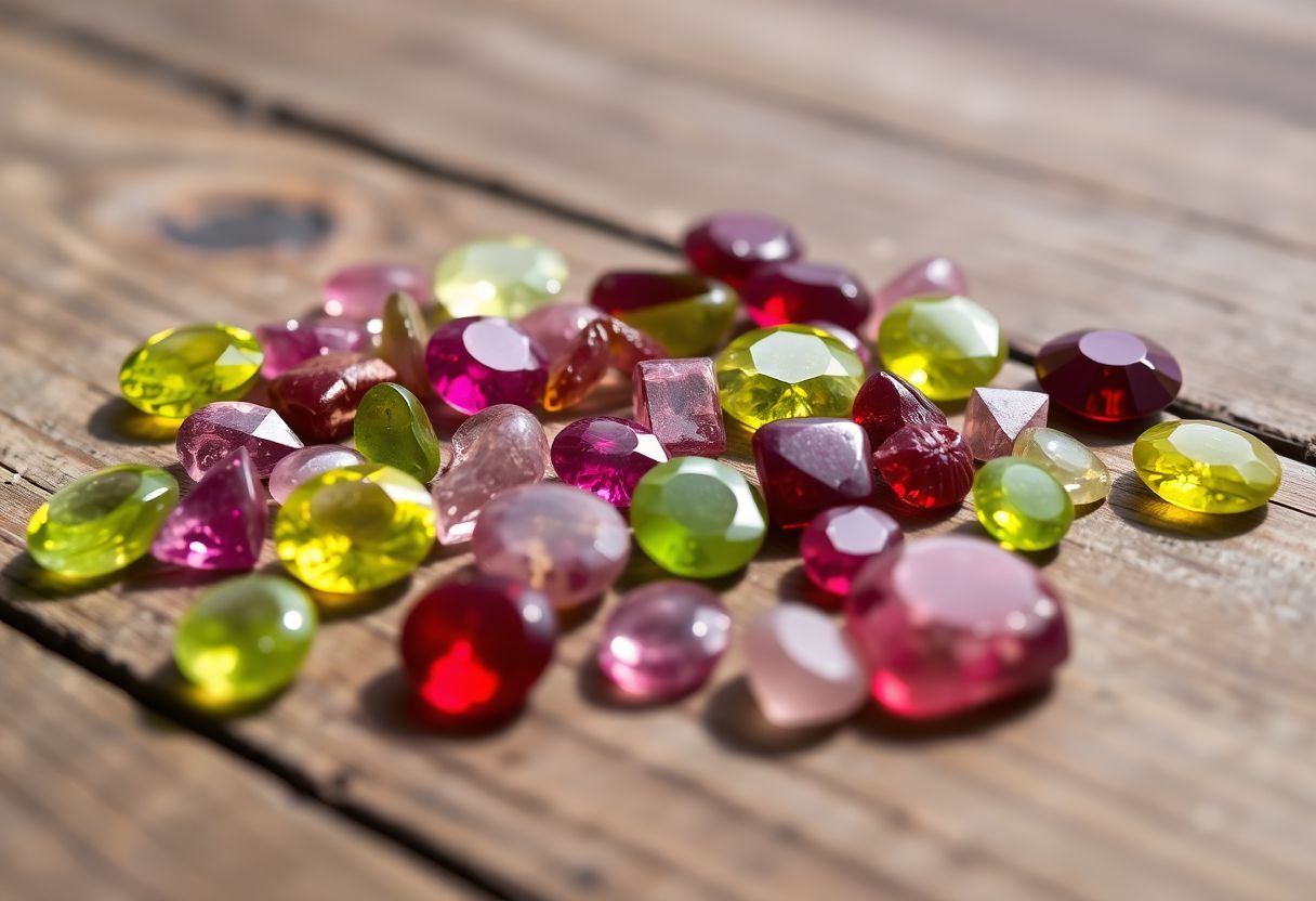 A rustic table with peridot and ruby birthstones for Leo zodiac. A rustic table with peridot and ruby birthstones for Leo zodiac.