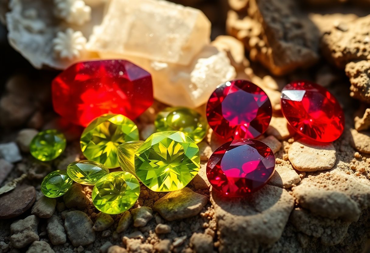 Vibrant peridot and ruby gemstones displayed on natural backdrop. Vibrant peridot and ruby gemstones displayed on natural backdrop.