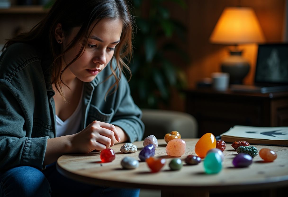 A person studying a collection of birthstones in a cozy room. A person studying a collection of birthstones in a cozy room.