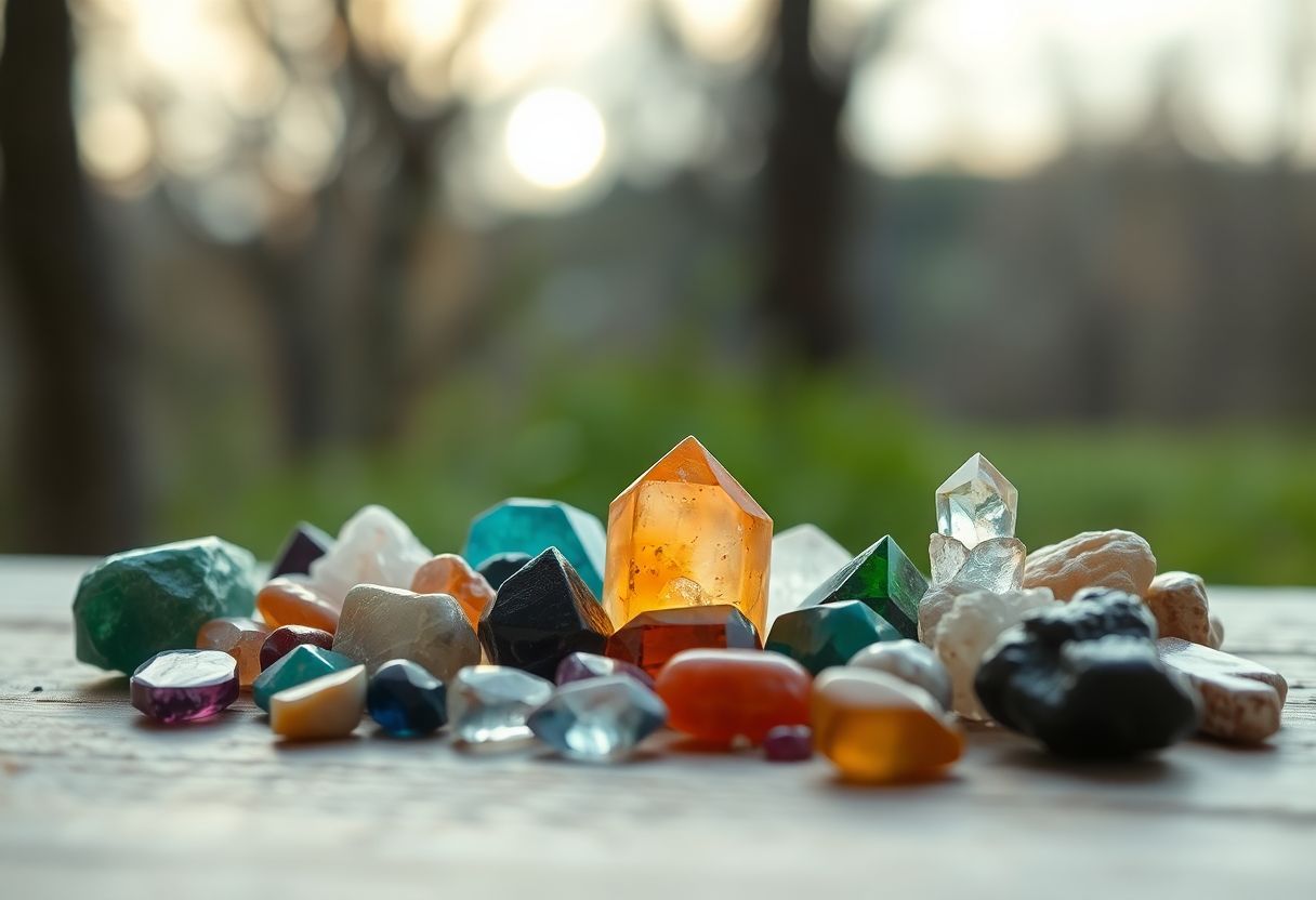 Gemstones and crystals arranged in natural setting under moonlight.
