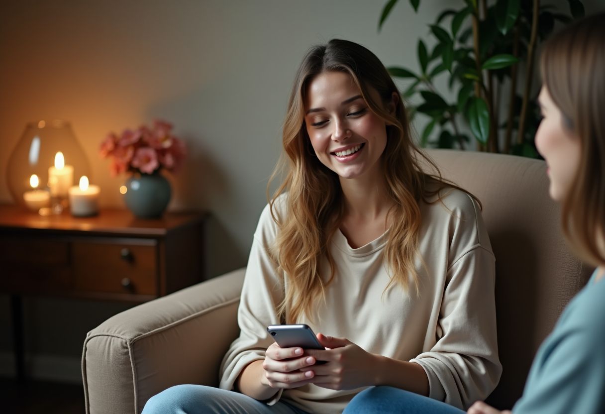 A woman in a cozy room having a calm conversation with a friend.