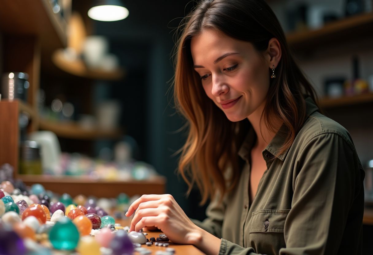 A woman examines gemstones in a small shop with thoughtful interest.