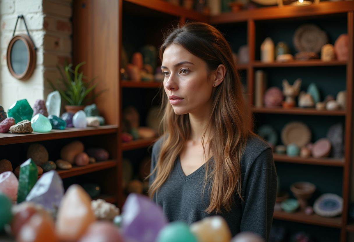 A woman exploring gemstones in a metaphysical shop. A woman exploring gemstones in a metaphysical shop.