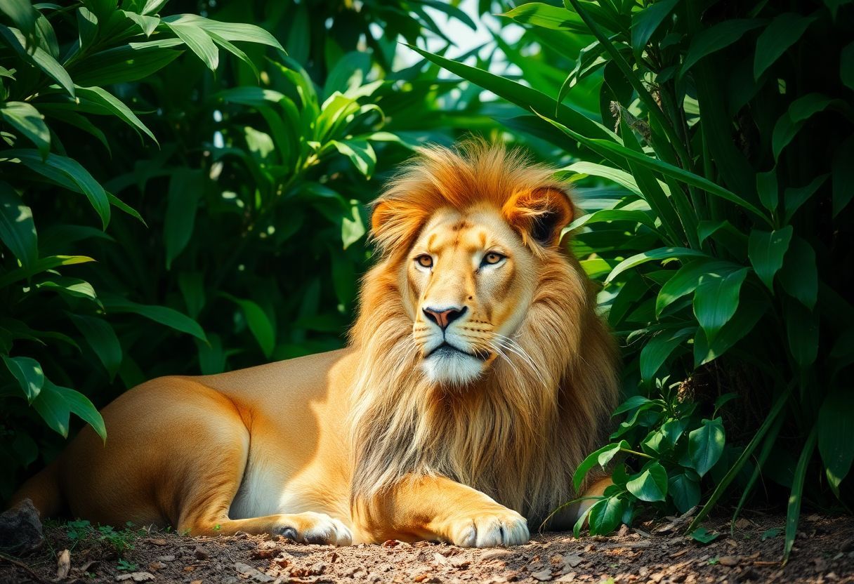 A majestic lion resting in a lush jungle under natural sunlight. A majestic lion resting in a lush jungle under natural sunlight.