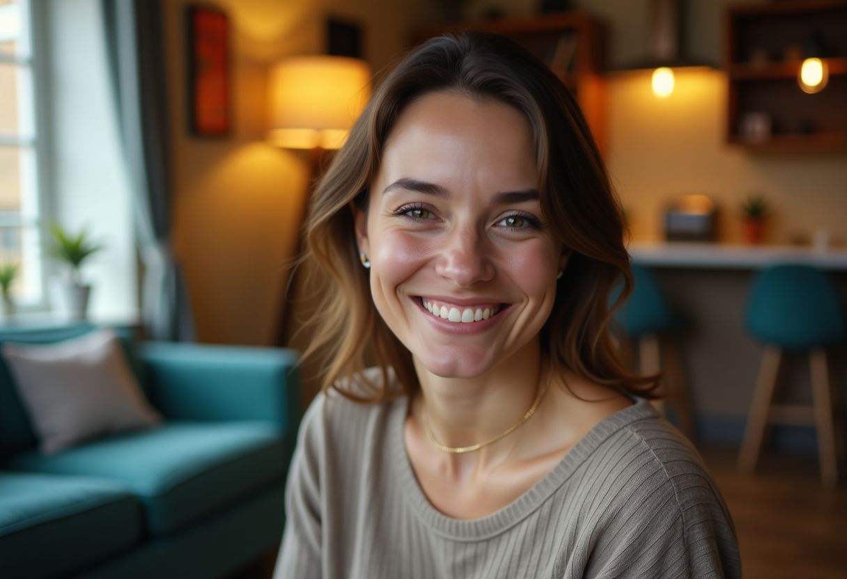 A woman in her 30s with a friendly smile in a cozy living room.