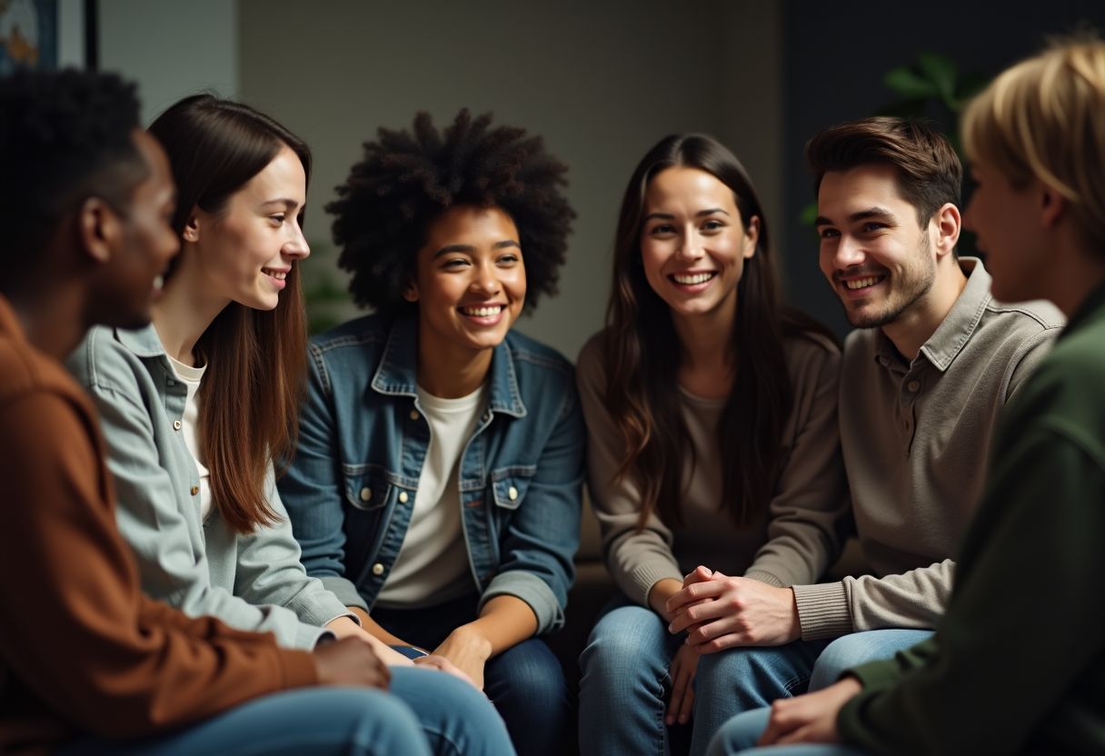 A diverse group of young adults engaged in empathetic conversation.
