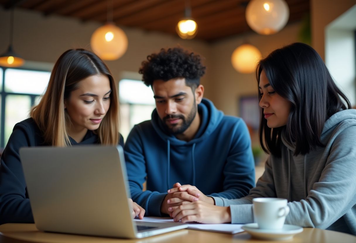 A diverse group collaborates in a cozy cafe.
