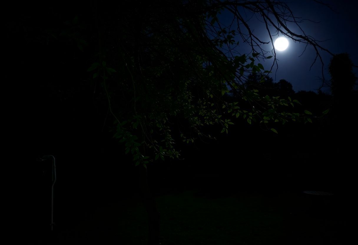 A tranquil night garden softly lit by the moon. A tranquil night garden softly lit by the moon.