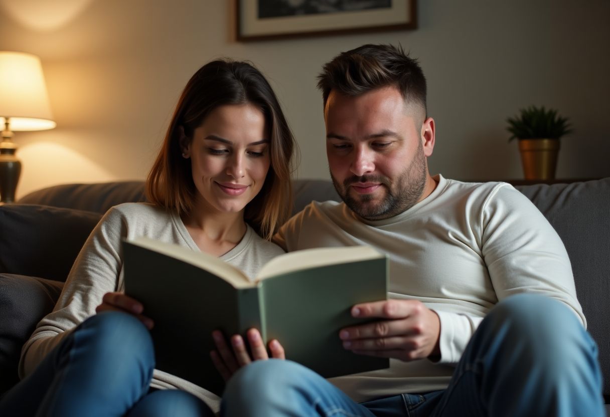 A couple reading relationship books in a cozy living room.