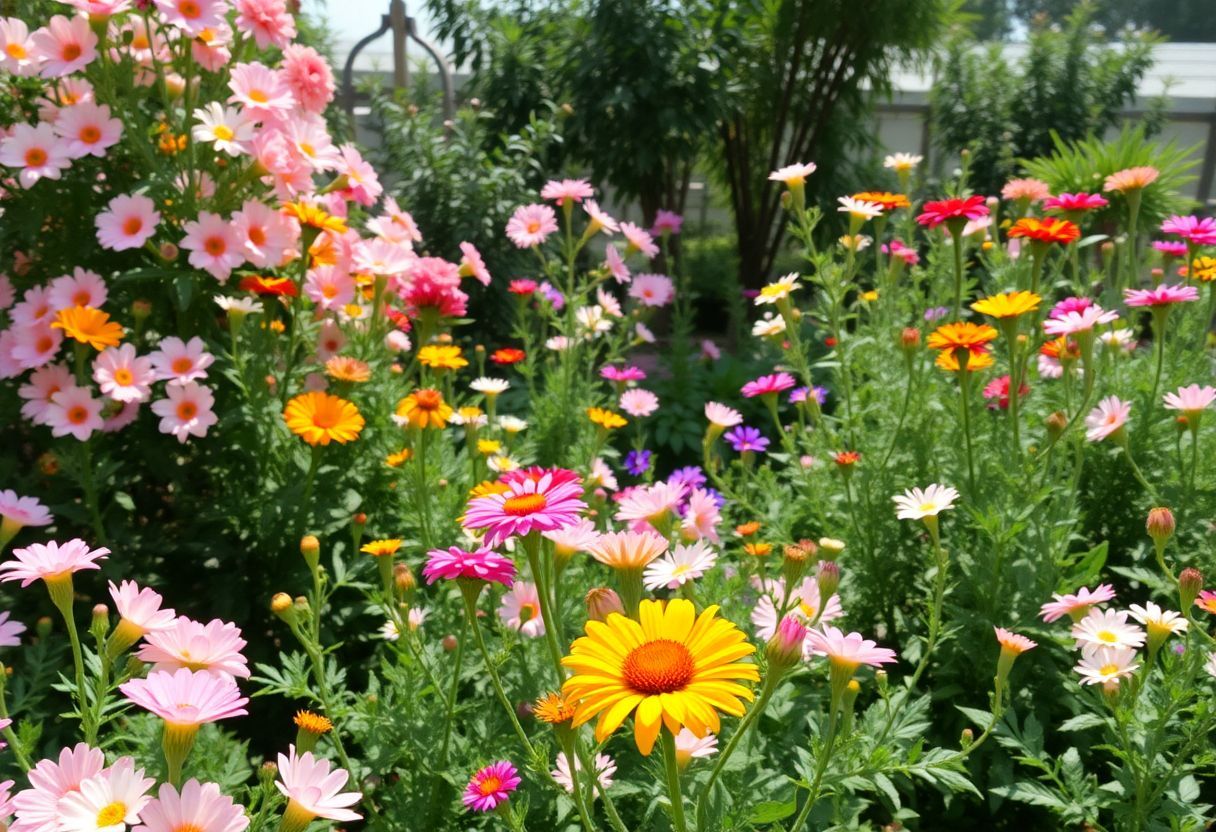 A serene garden filled with blooming flowers and lush greenery.