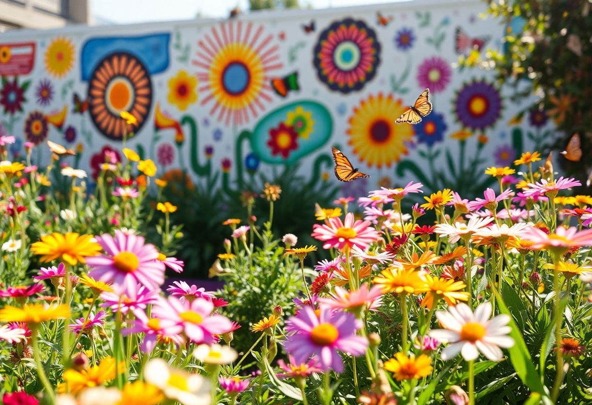 A vibrant garden with colorful flowers and butterflies, alongside a lively mural.