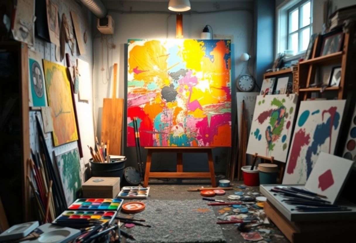 An abstract painting surrounded by art supplies in a cluttered studio.