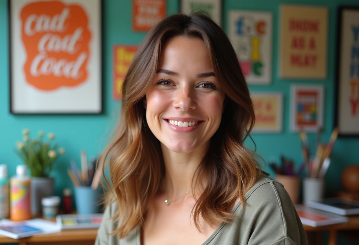 A mid-30s woman surrounded by art supplies and inspirational quotes.