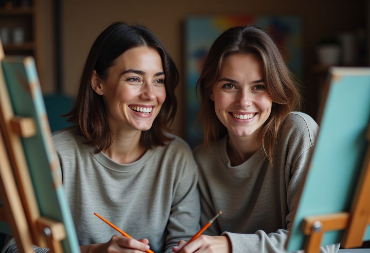 A couple in their 30s painting together in a cozy studio.