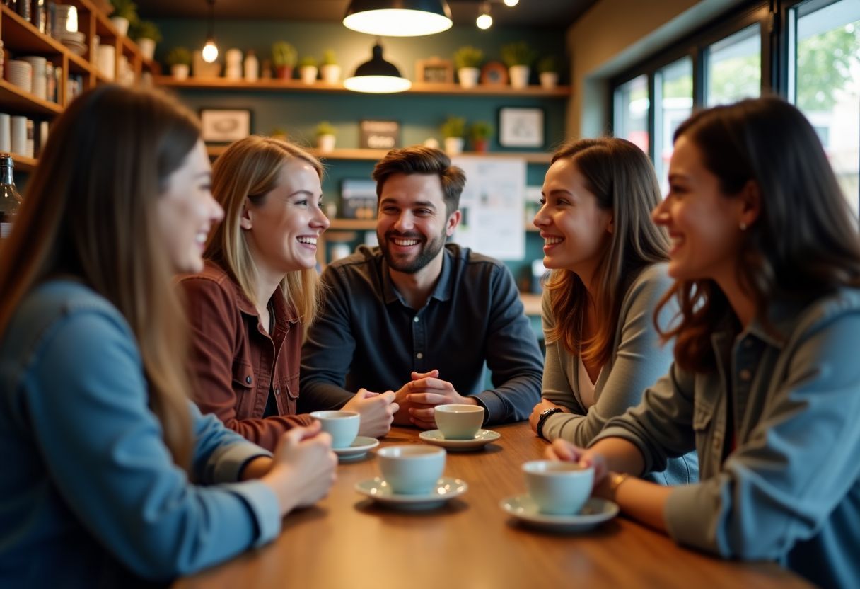 A group of friends in their 20s enjoying conversation at a coffee shop.