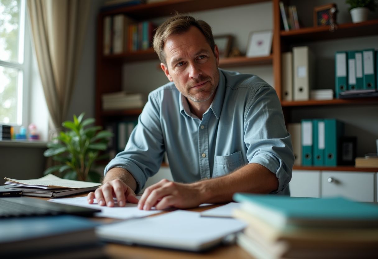 A man tidying up his cluttered home office.