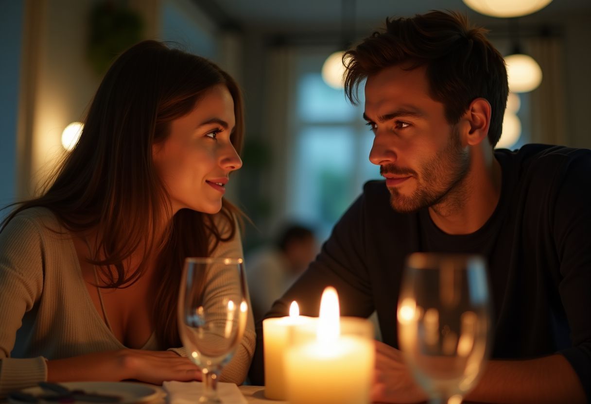 A couple in their 30s having a cozy dinner conversation.