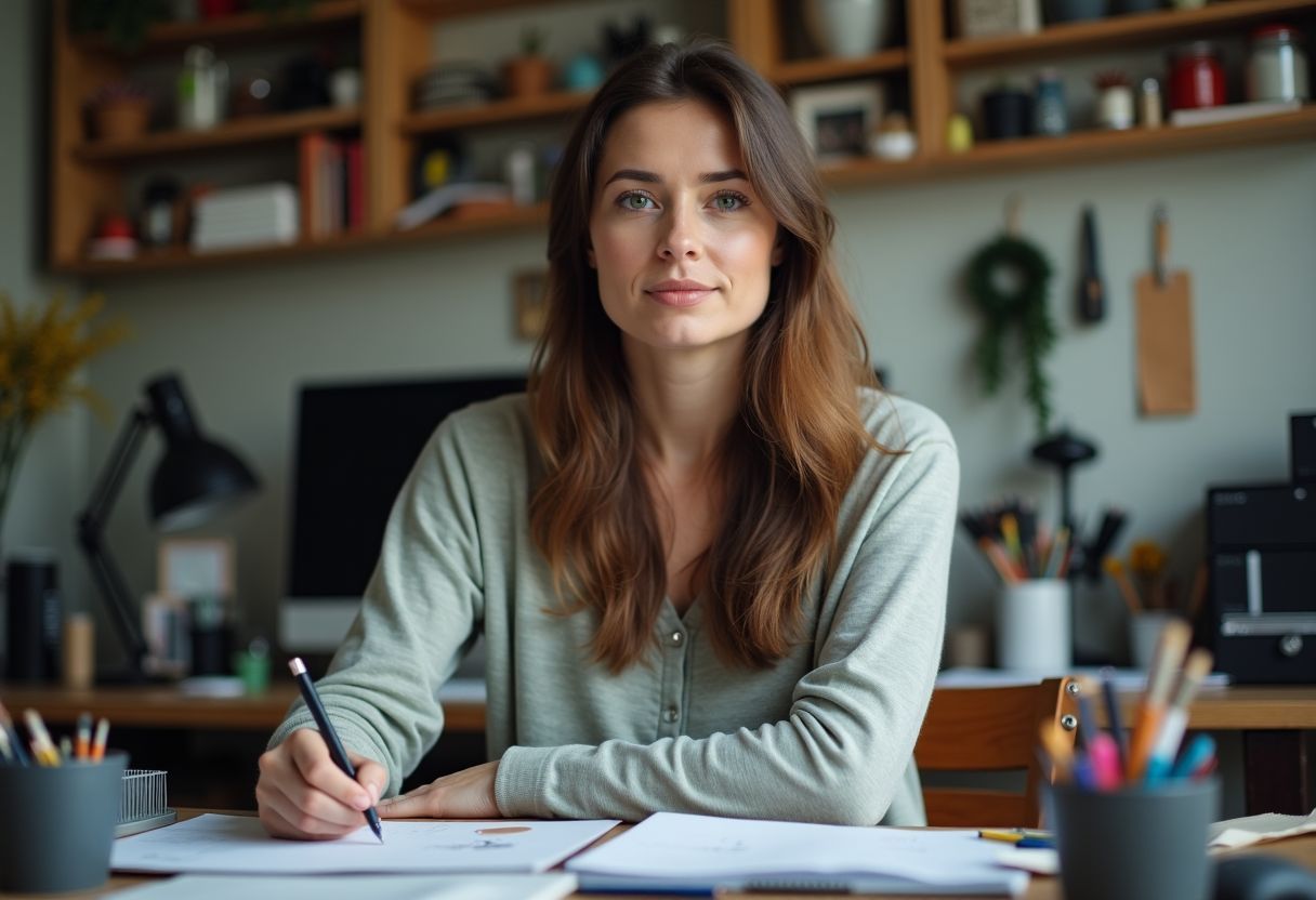 A woman working at cluttered desk in home office.