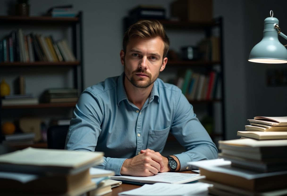 A man in his late 30s sitting at a cluttered desk.