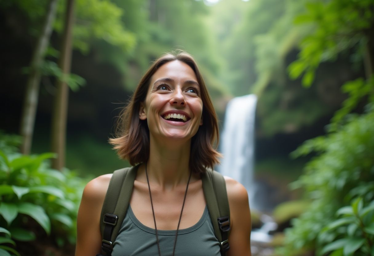 A woman excitedly hikes through a lush forest with a waterfall.