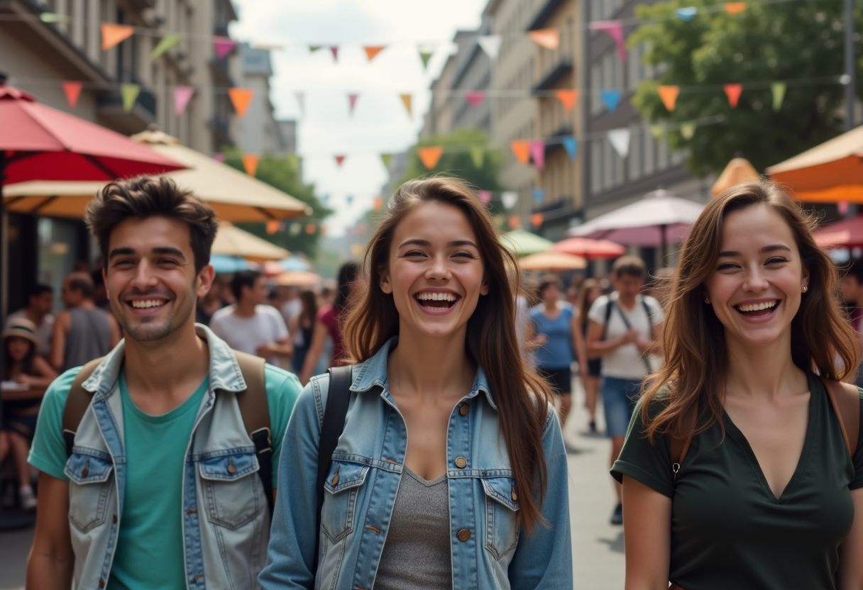 Young adults having fun at a lively city festival.