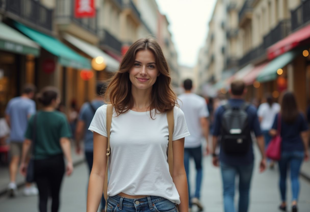 A young woman walking in a busy city street in casual clothes. A young woman walking in a busy city street in casual clothes.