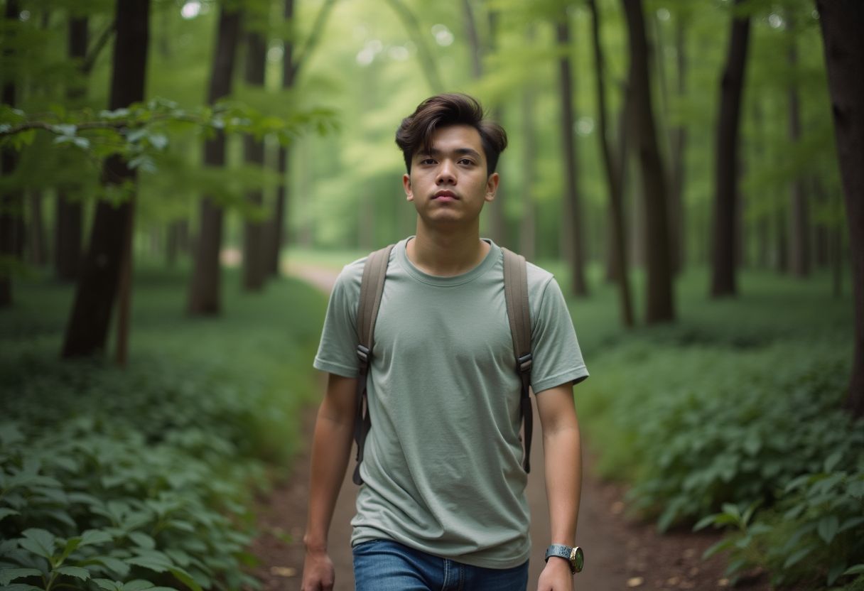 A young adult explores a winding forest path on a casual day.