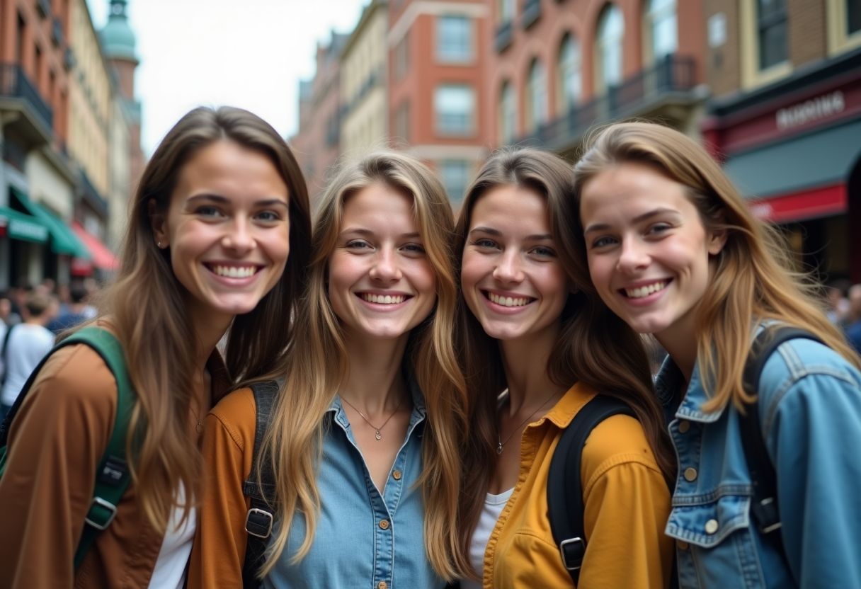 A group of young adults posing in an urban environment.