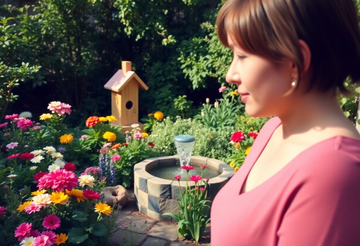 A peaceful garden with colorful flowers, a birdhouse, and a fountain.