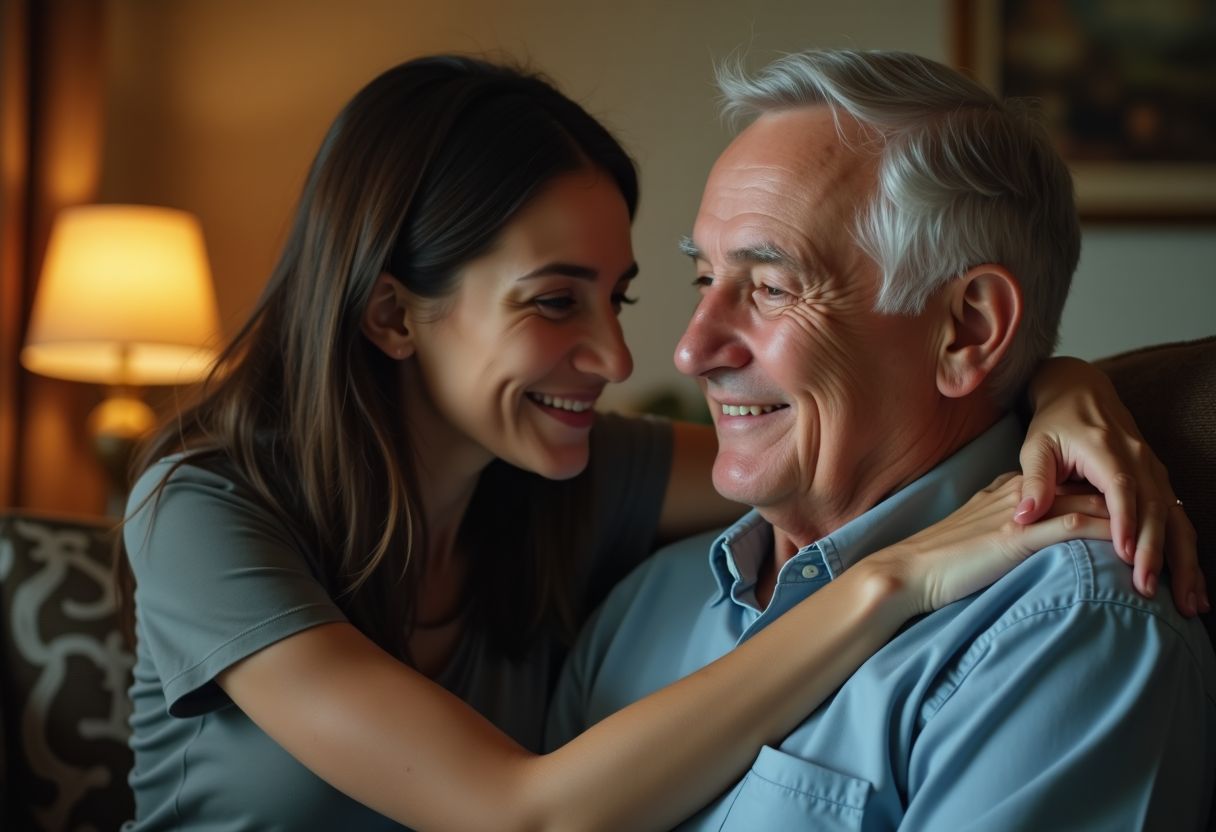 A young woman comforts an older man in a cozy living room.