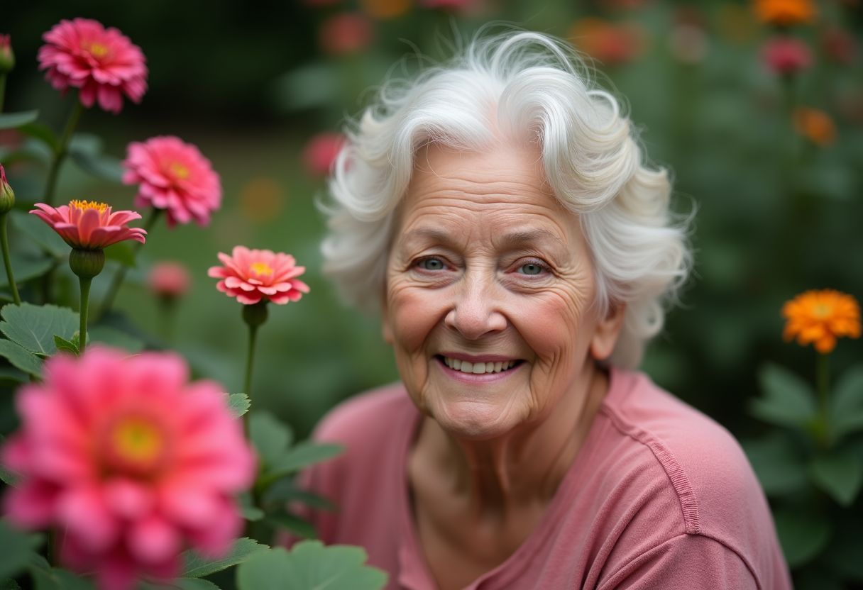 An elderly woman with a gentle smile poses in a garden.