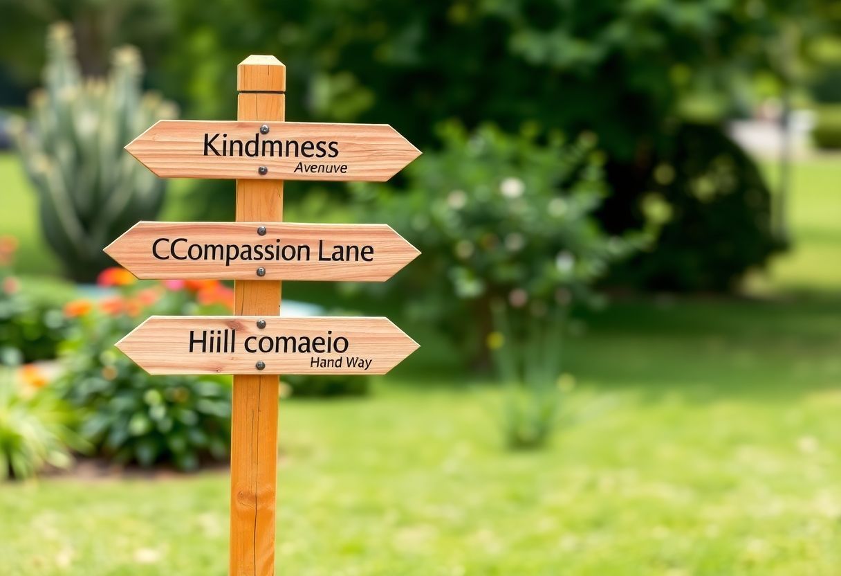 A wooden signpost in a garden with signs pointing to kindness, compassion, and helping. A wooden signpost in a garden with signs pointing to kindness, compassion, and helping.