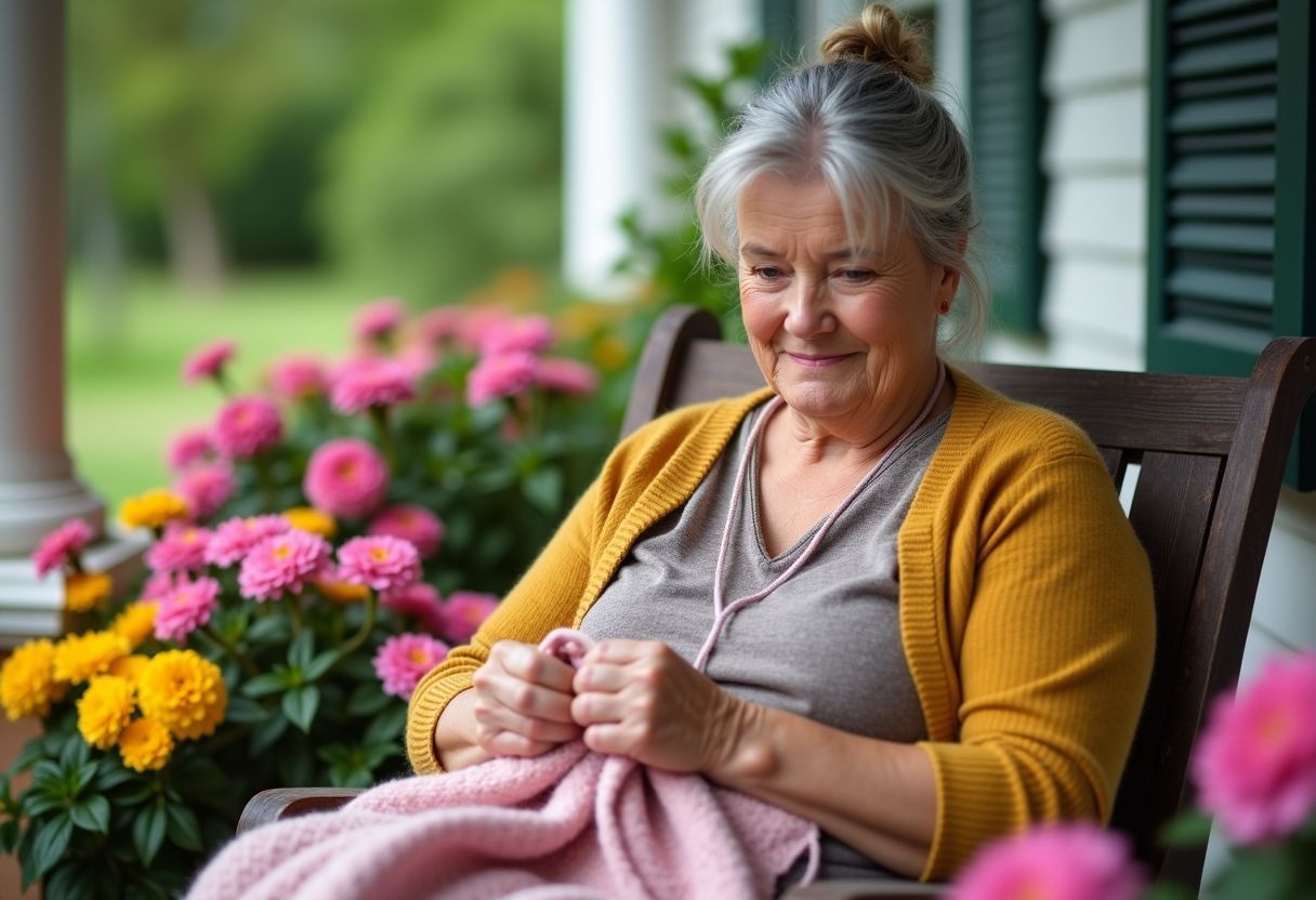 An elderly woman knitting on a porch swing surrounded by blooming flowers.