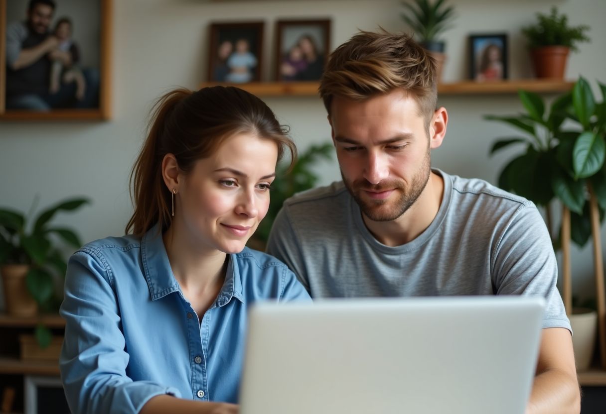 A couple in their thirties working together in a cozy home office.