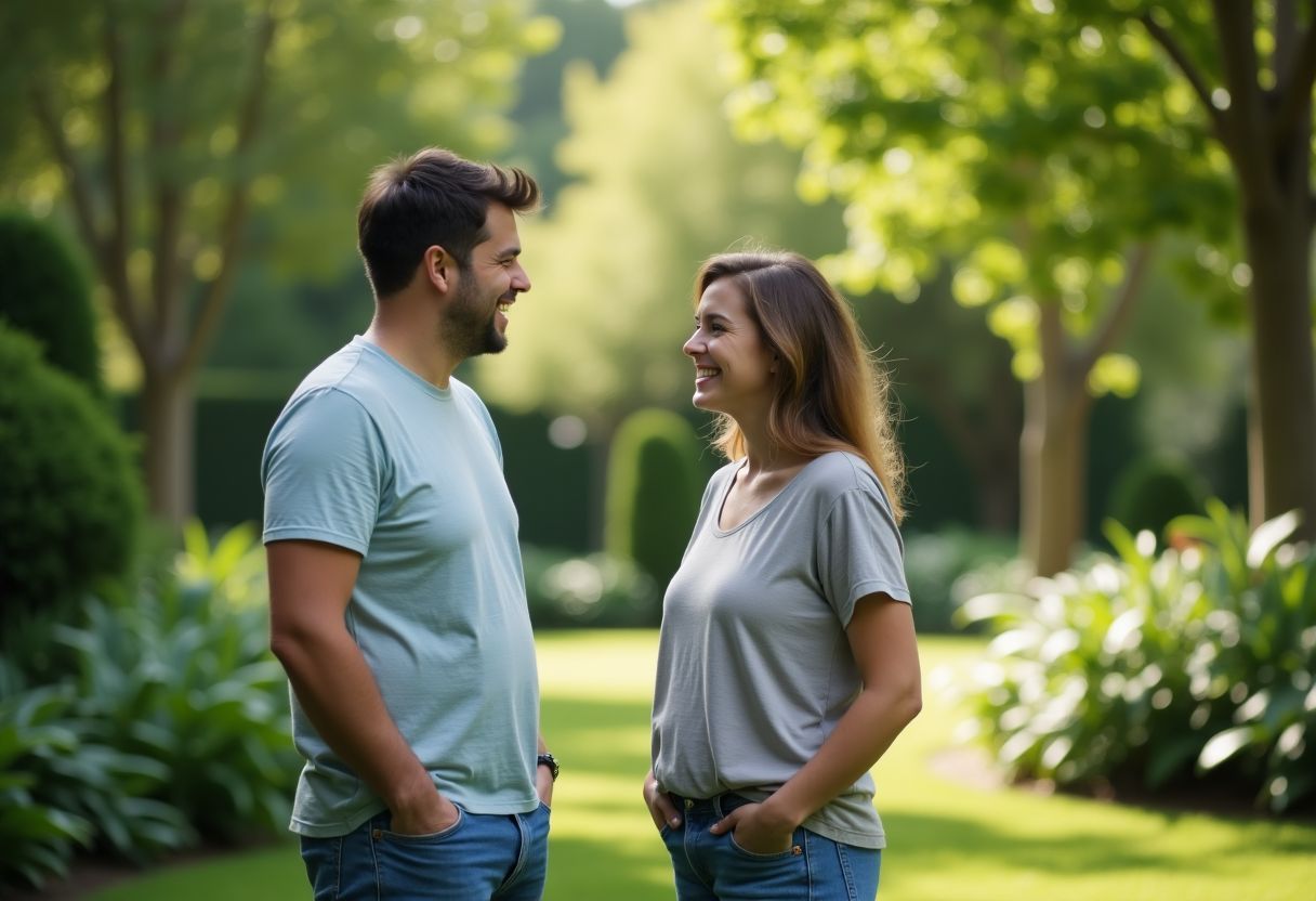 Two people having a conversation in a peaceful garden setting. Two people having a conversation in a peaceful garden setting.