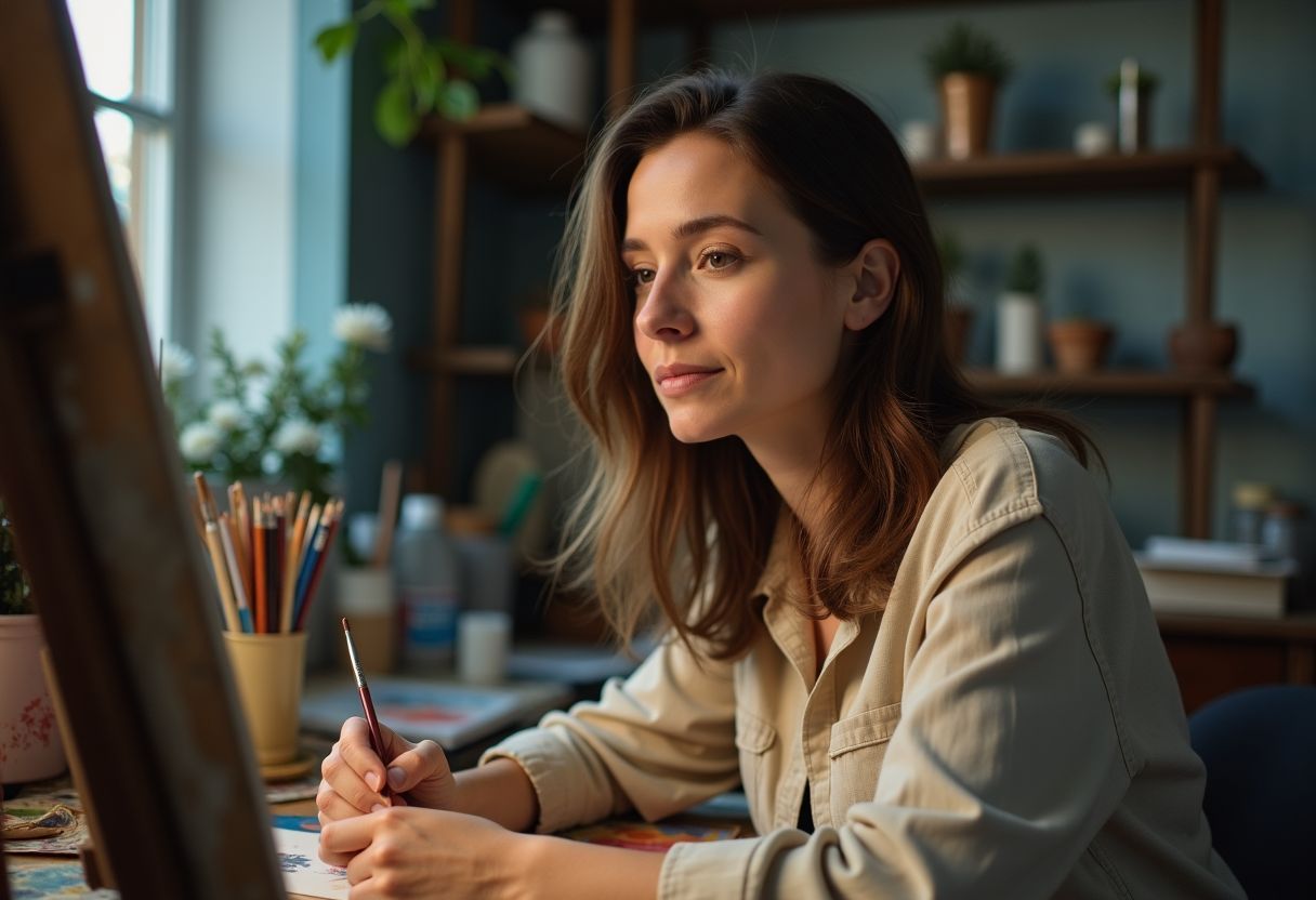 A woman in her 30s is painting in a cluttered art studio.