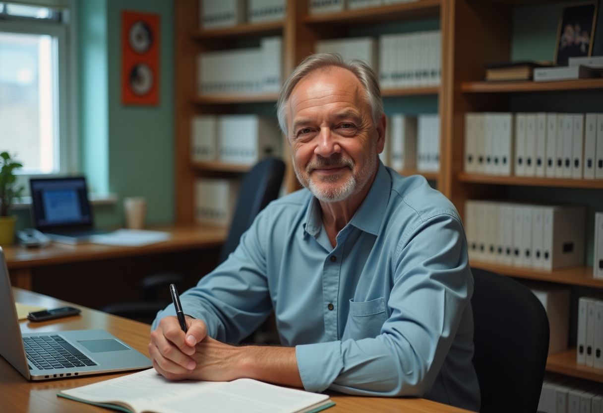 A middle-aged person sits at a well-organized desk with neat shelves. A middle-aged person sits at a well-organized desk with neat shelves.
