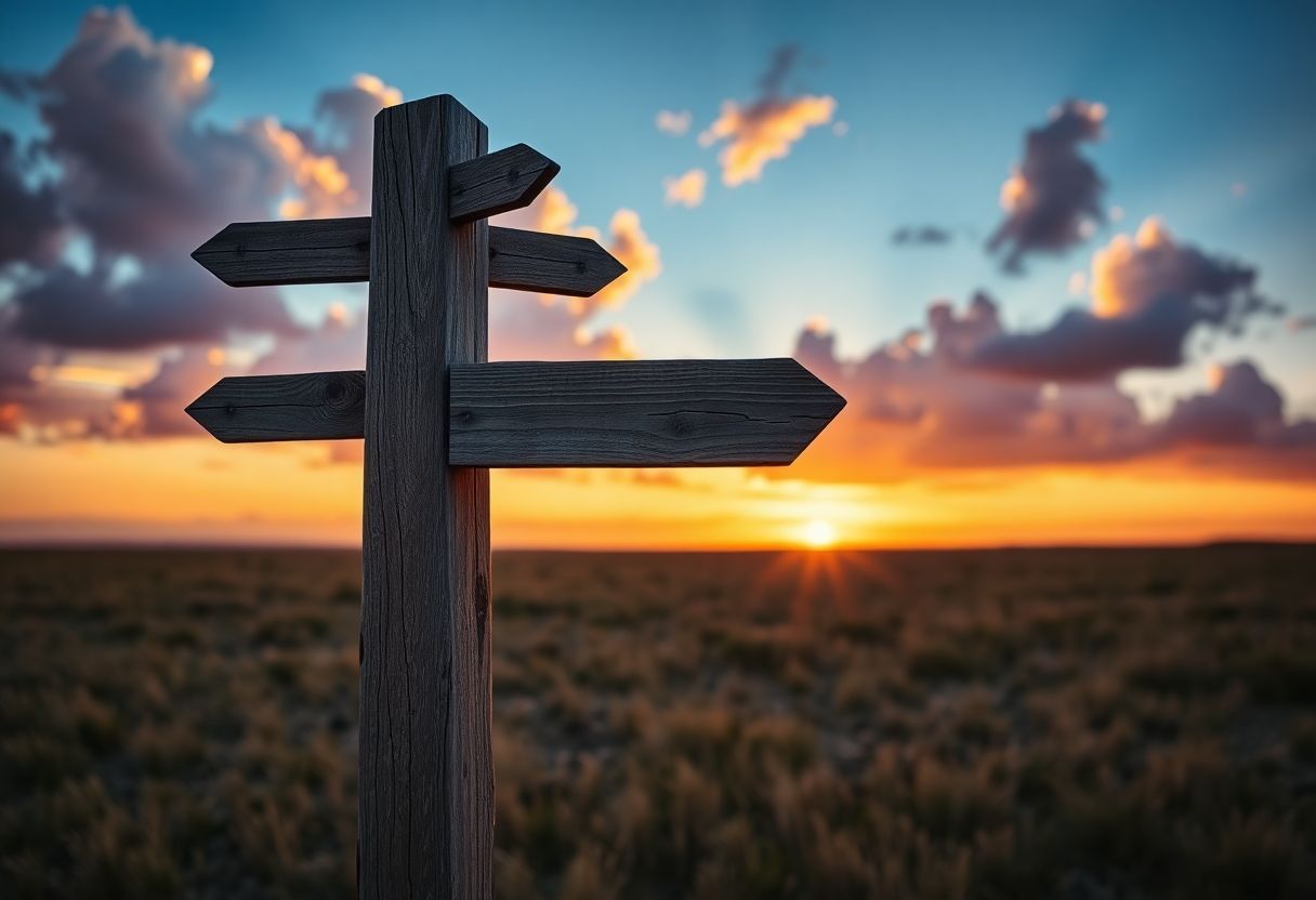 A rustic wooden signpost in a field with sunset and clouds.