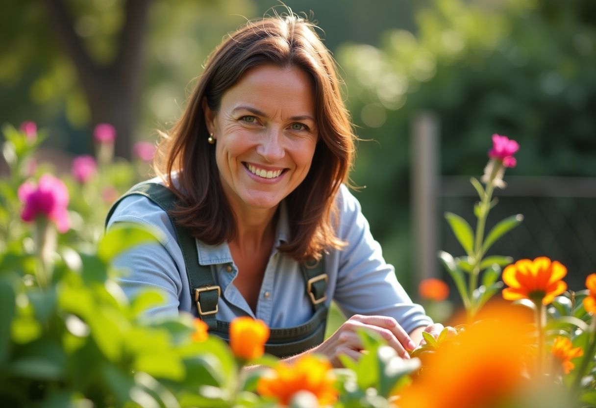 A woman tends to a community garden with vibrant flowers and vegetables. A woman tends to a community garden with vibrant flowers and vegetables.