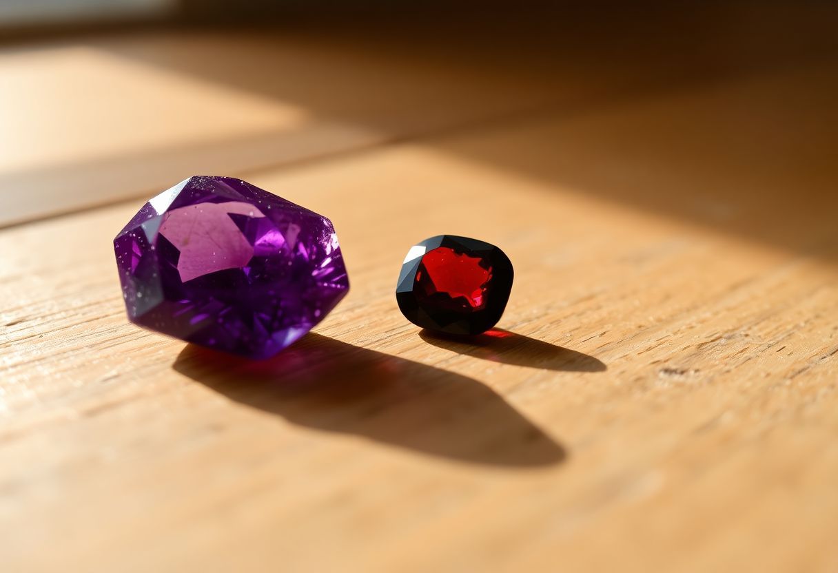 A photo of purple Amethyst and deep red Garnet gemstones on wood.