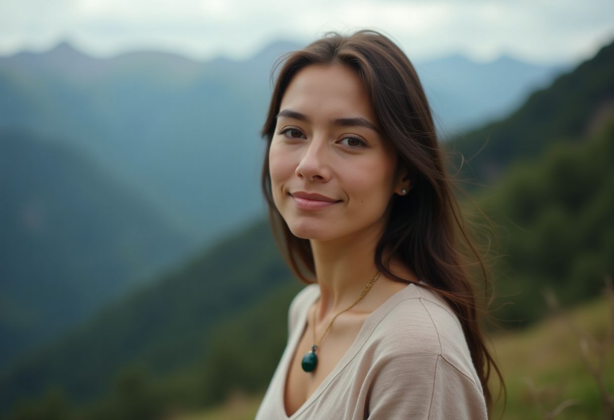 Une femme d'une trentaine d'années se tient dans un cadre montagneux paisible. Une femme d'une trentaine d'années se tient dans un cadre montagneux paisible.