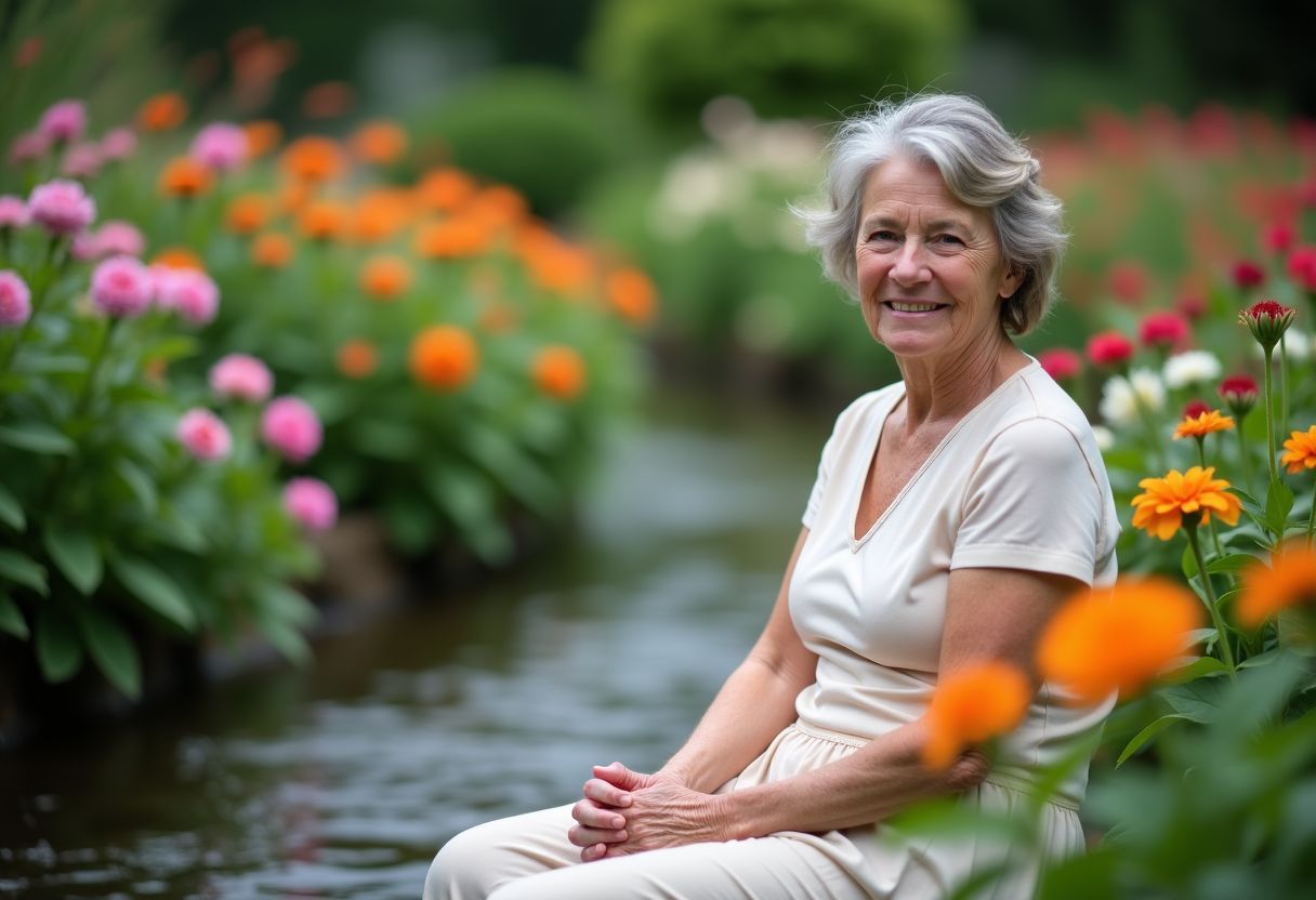 A woman sitting in a garden surrounded by flowers and a stream. A woman sitting in a garden surrounded by flowers and a stream.