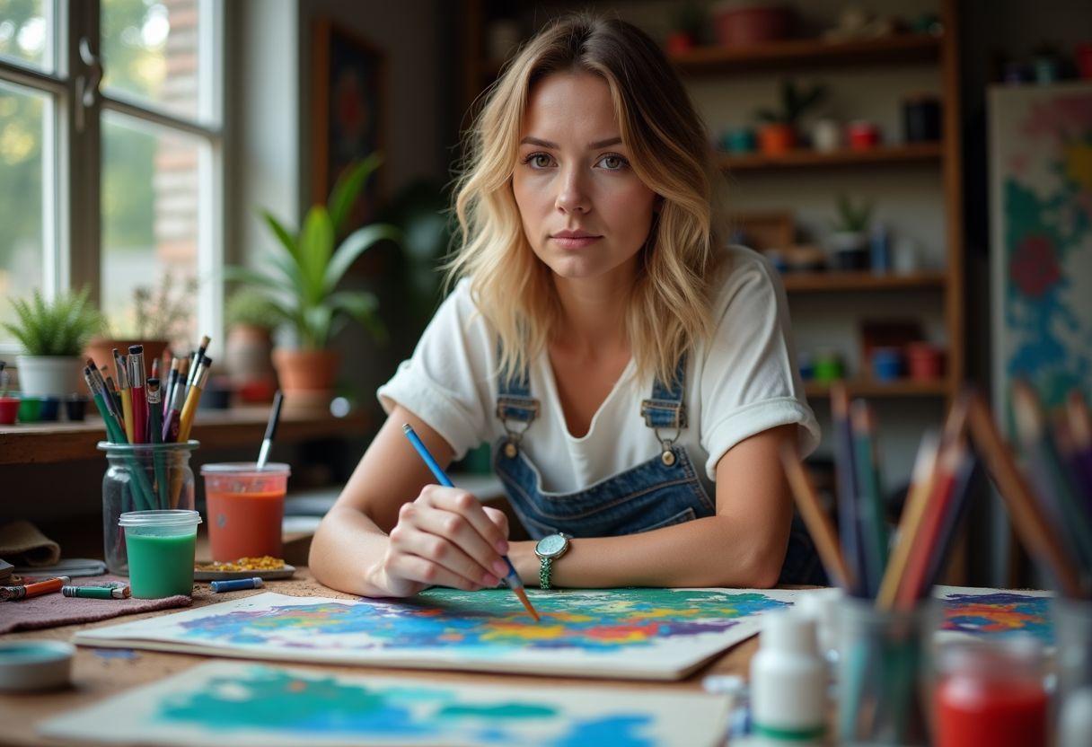 A woman in her late 30s working in a vibrant, messy art studio. A woman in her late 30s working in a vibrant, messy art studio.