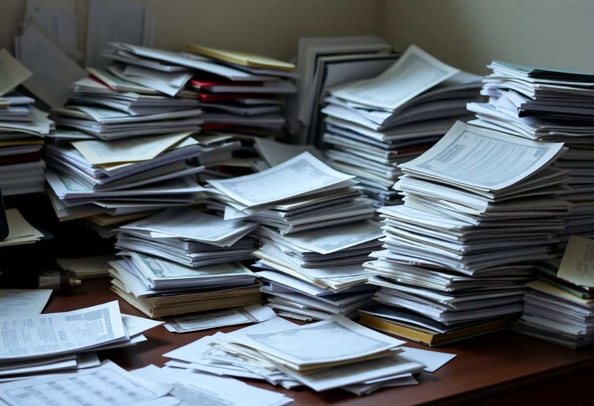 A cluttered desk with old bills symbolizing a journey towards financial growth.