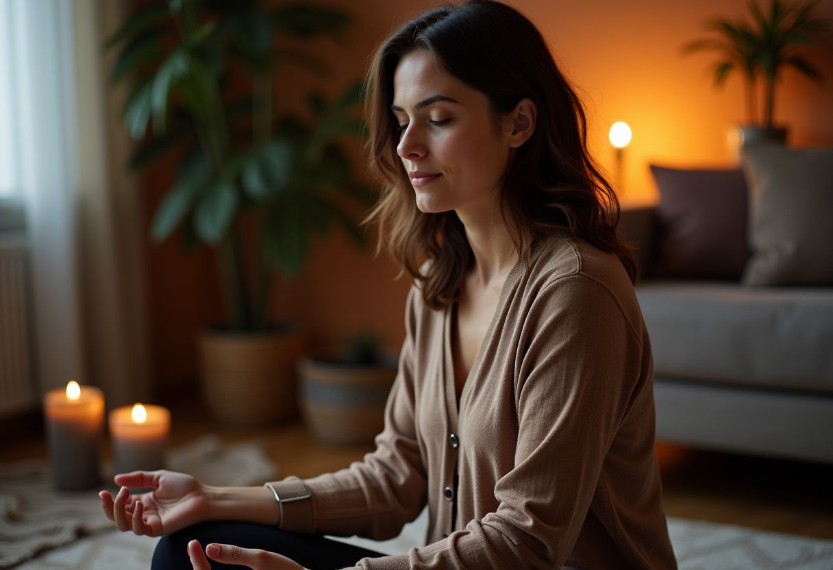 A woman meditating in a cozy space decorated with gemstones.