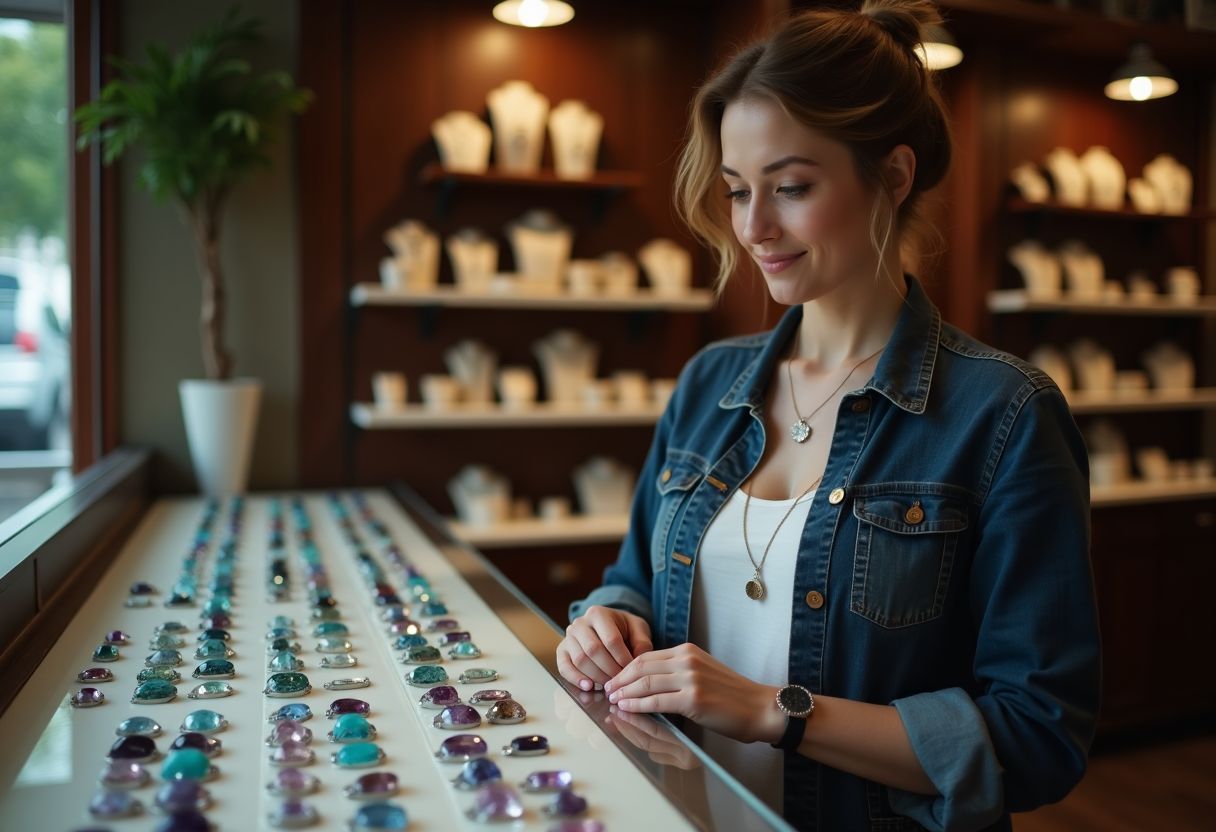 A woman browsing birthstone jewelry in a cozy store.
