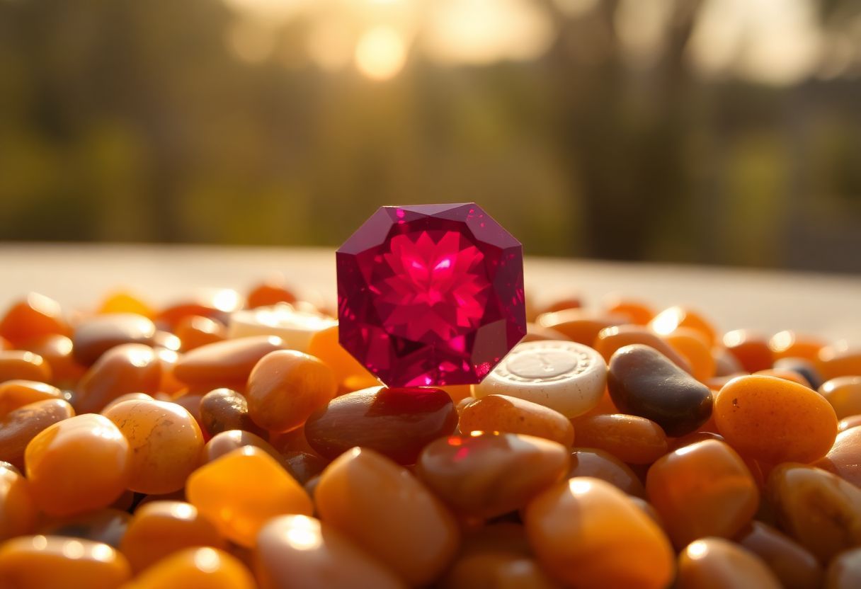 A bright ruby gemstone shines among golden tiger's eye stones.